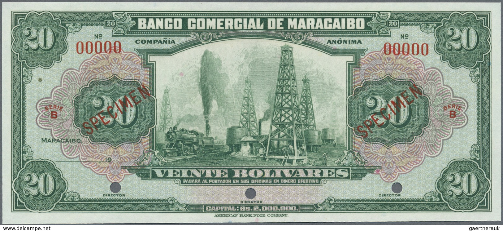 Venezuela: Banco Comercial De Maracaibo 20 Bolivares Specimen Without Signatures And Date (1933-34), - Venezuela