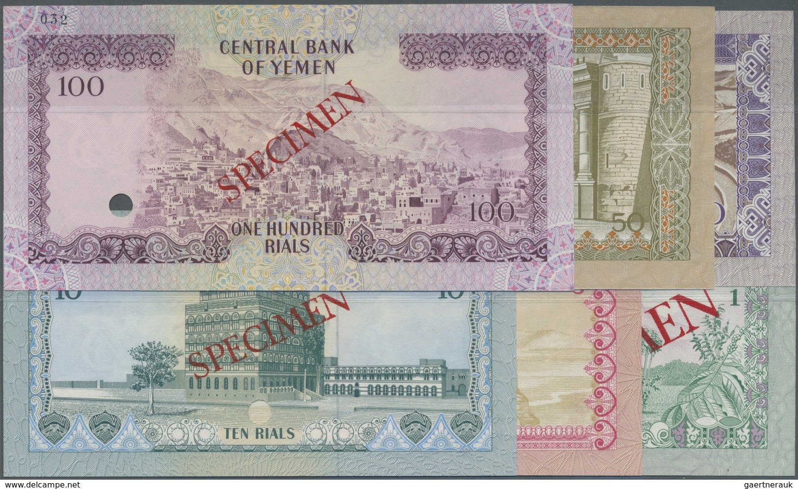 Yemen / Jemen: Set Of 6 Specimen Notes Containing 1, 5, 10, 20, 50 And 100 Rials ND P. 11s-16s, All - Yemen