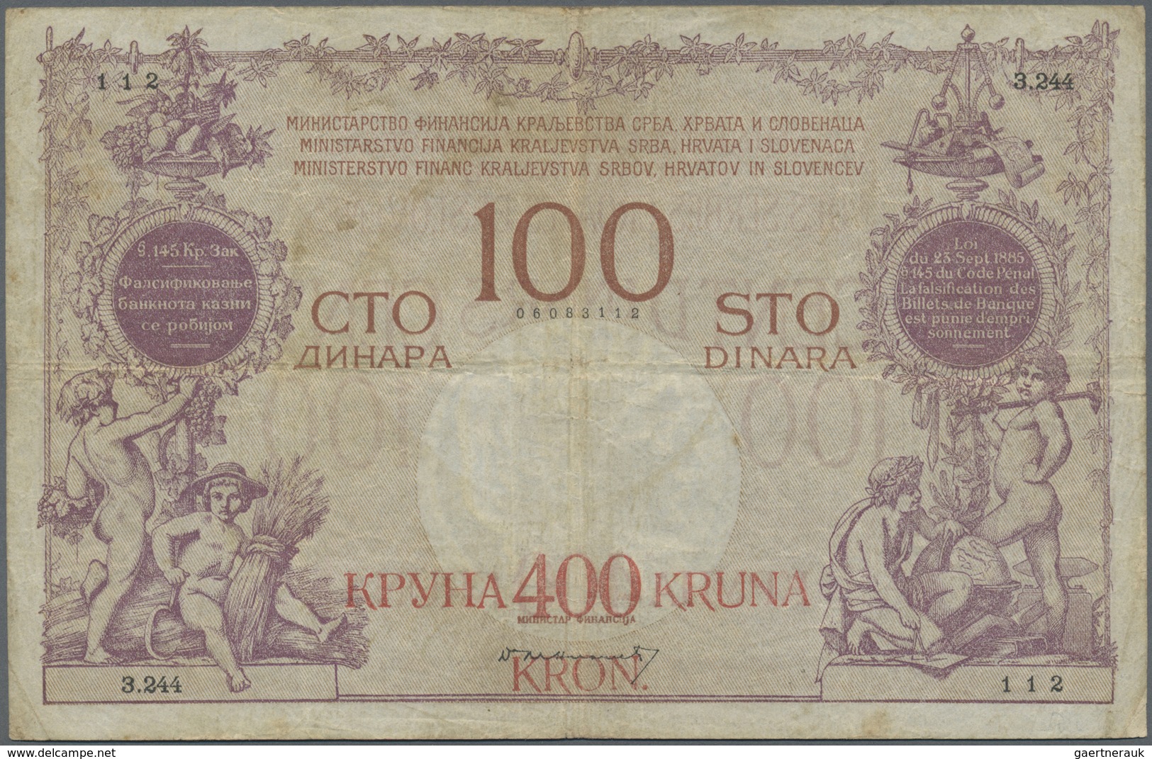 Yugoslavia / Jugoslavien: 100 Dinara = 400 Kronen ND(1919), P.19, Several Folds And Stains Along The - Jugoslavia