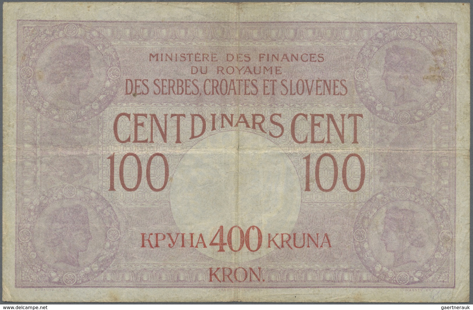 Yugoslavia / Jugoslavien: 100 Dinara = 400 Kronen ND(1919), P.19, Several Folds And Stains Along The - Jugoslavia