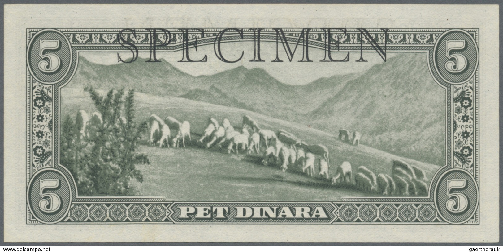 Yugoslavia / Jugoslavien: Not Issued Banknote 5 Dinara Series 1943 Specimen, P.35As, In Perfect UNC - Yugoslavia