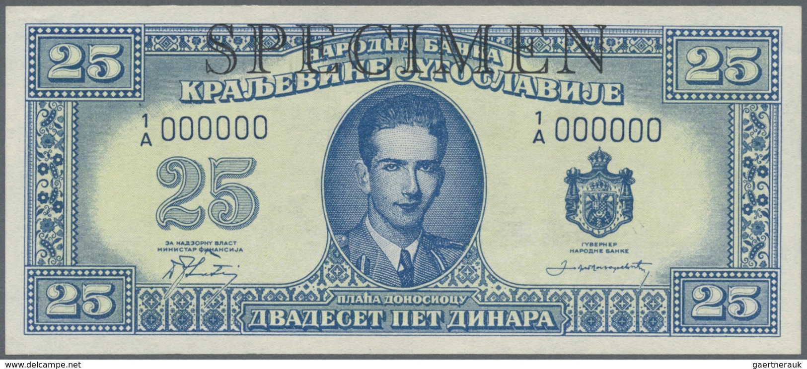 Yugoslavia / Jugoslavien: Not issued Banknote 5 Dinara series 1943 Specimen, P.35As, in perfect UNC