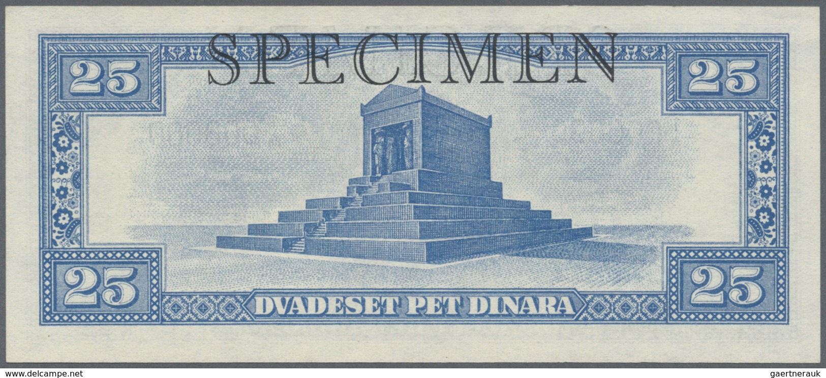 Yugoslavia / Jugoslavien: Not issued Banknote 5 Dinara series 1943 Specimen, P.35As, in perfect UNC