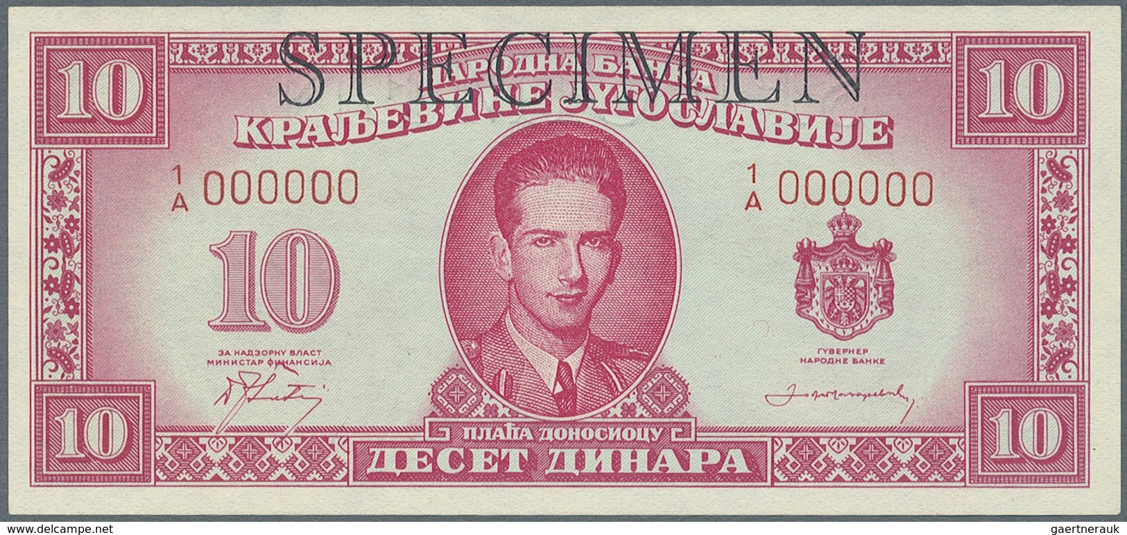 Yugoslavia / Jugoslavien: Not Issued Banknote 10 Dinara Series 1943 Specimen, P.35Bs, In Perfect UNC - Yougoslavie