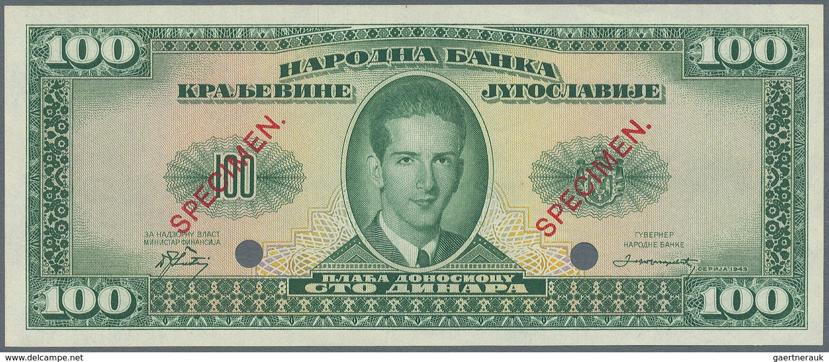 Yugoslavia / Jugoslavien: Not Issued Banknote 100 Dinara Series 1943 Specimen, P.35Ds, In Perfect UN - Yougoslavie