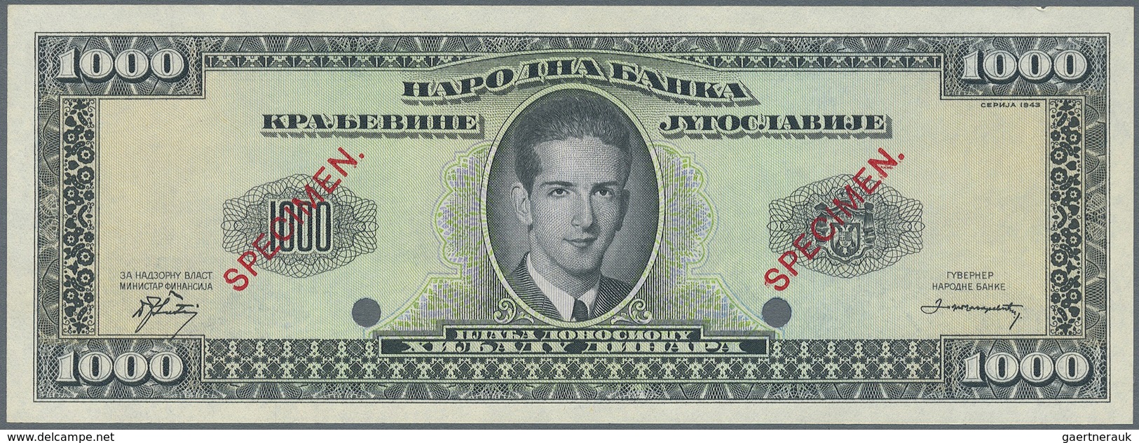 Yugoslavia / Jugoslavien: Not Issued Banknote 1000 Dinara Series 1943 Specimen, P.35Fs, In Perfect U - Yugoslavia