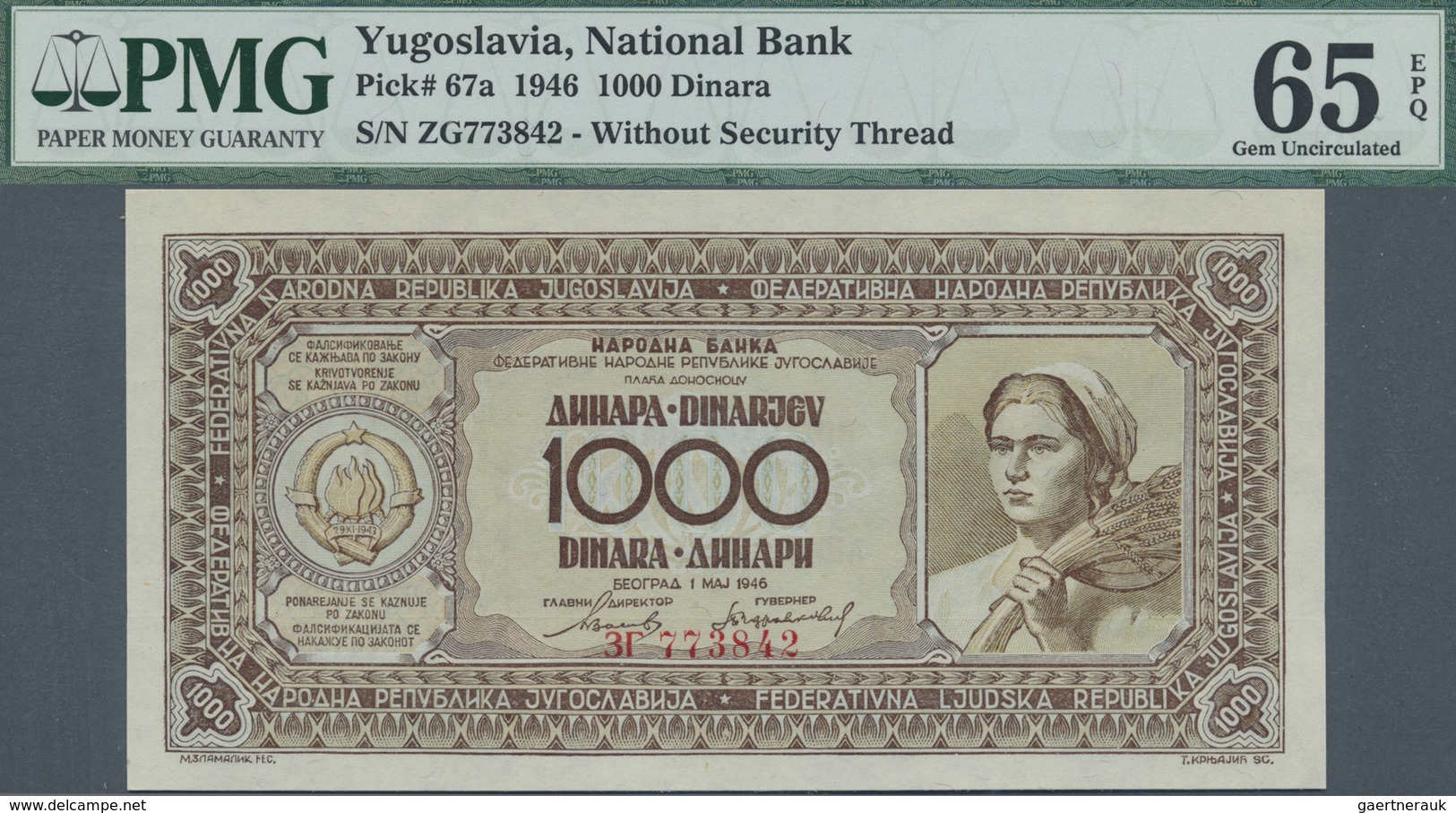 Yugoslavia / Jugoslavien: 1000 Dinara 1946, P.67a In Perfect Condition, PMG Graded 65 Gem Uncirculat - Yugoslavia