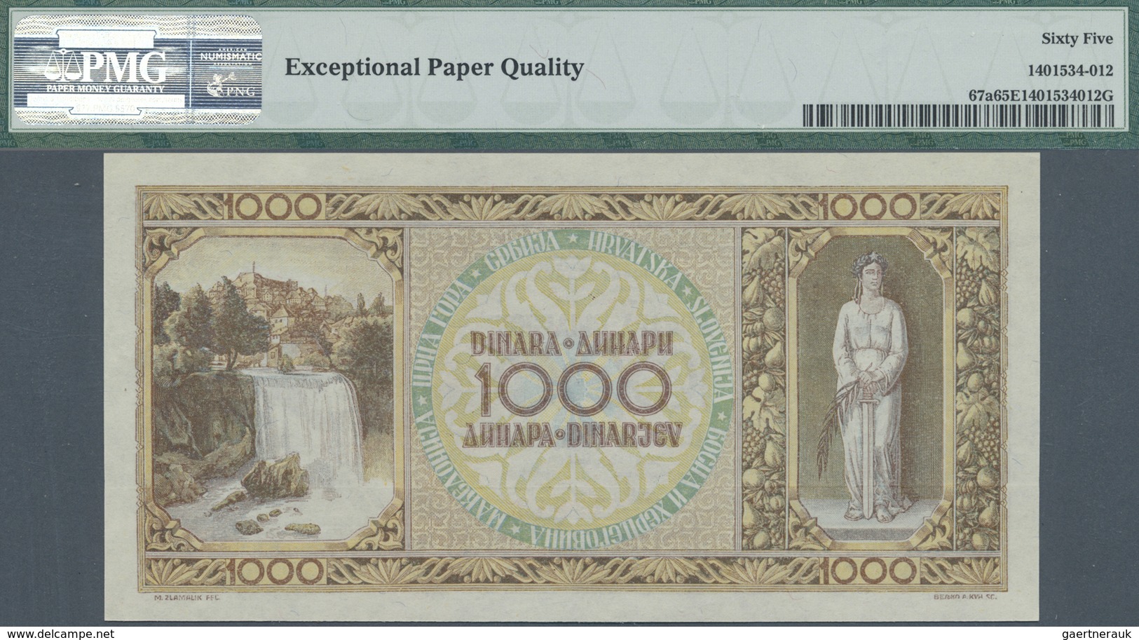 Yugoslavia / Jugoslavien: 1000 Dinara 1946, P.67a In Perfect Condition, PMG Graded 65 Gem Uncirculat - Yugoslavia