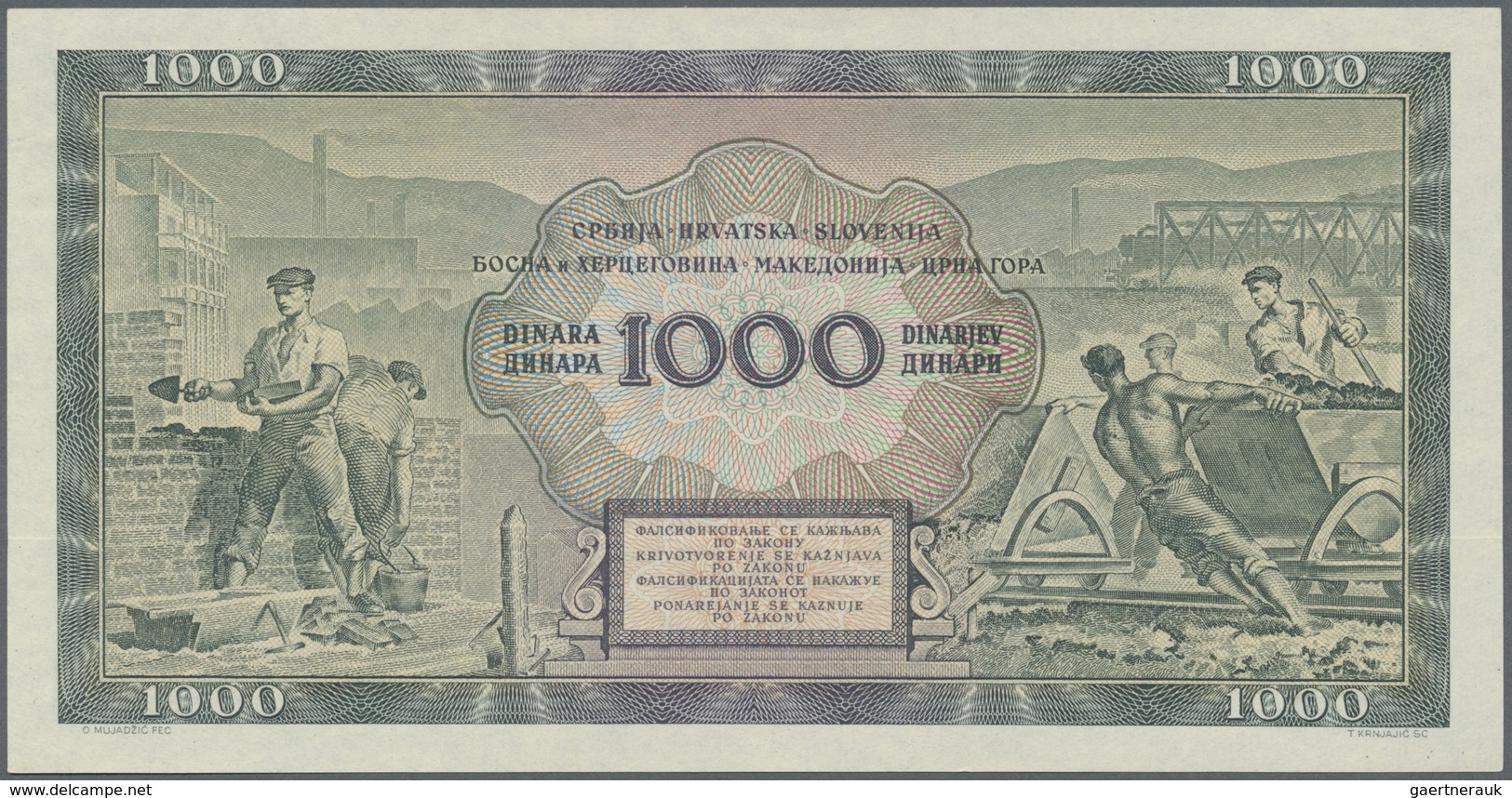 Yugoslavia / Jugoslavien: 1000 Dinara 1949, P.67m (not Issued), Minor Creases At Left Border. Condit - Jugoslavia