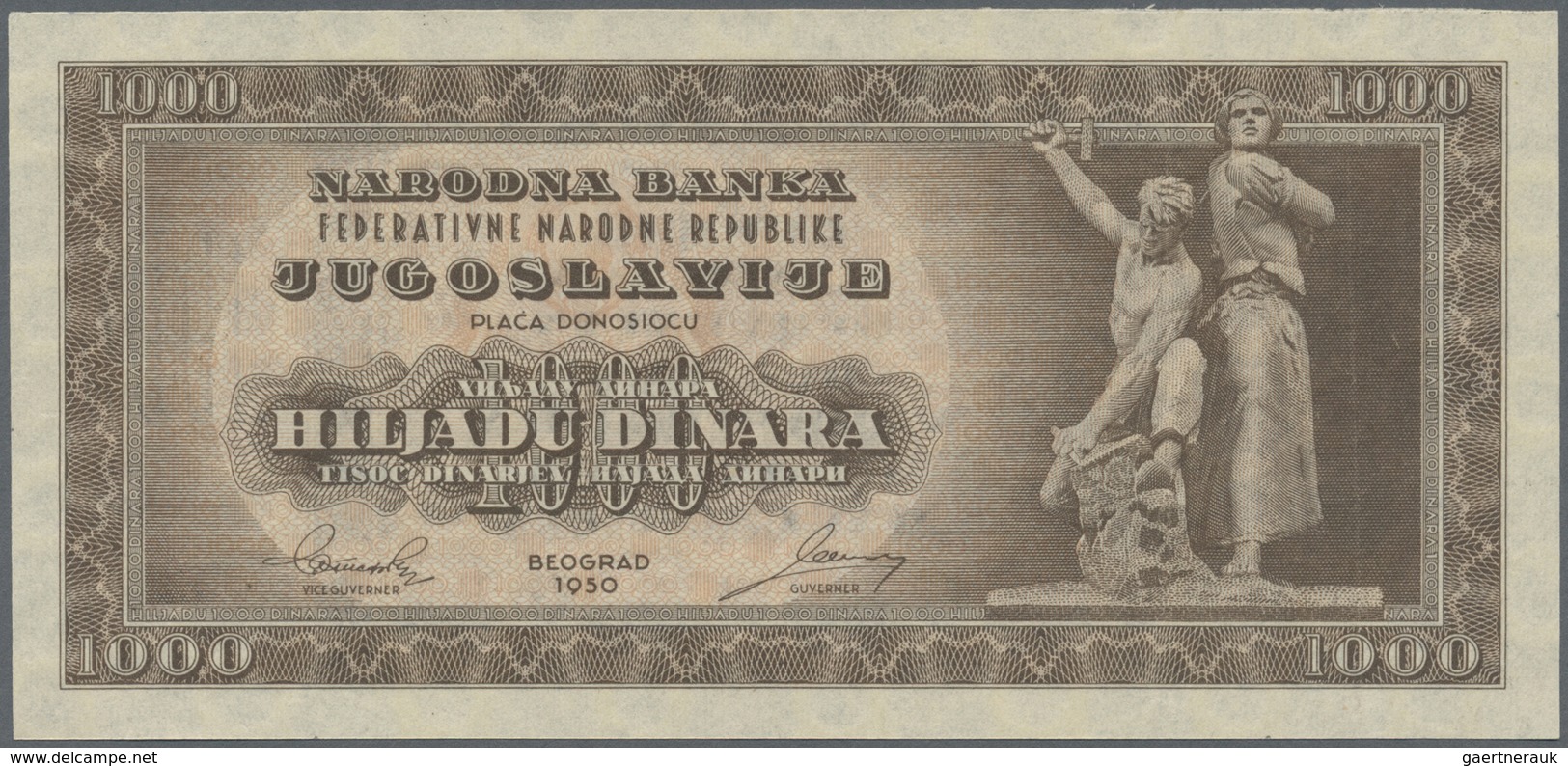 Yugoslavia / Jugoslavien: 1000 Dinara 1950, P.67x (not Issued), Minor Creases In The Paper, Tiny Cut - Jugoslavia