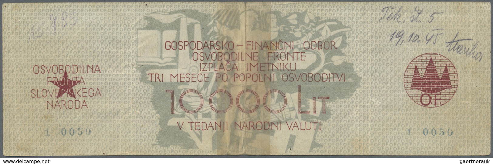 Yugoslavia / Jugoslavien: Slovenian Peoples Liberation Front 10.000 Lit ND(1944), P.S109, Well Worn - Yugoslavia