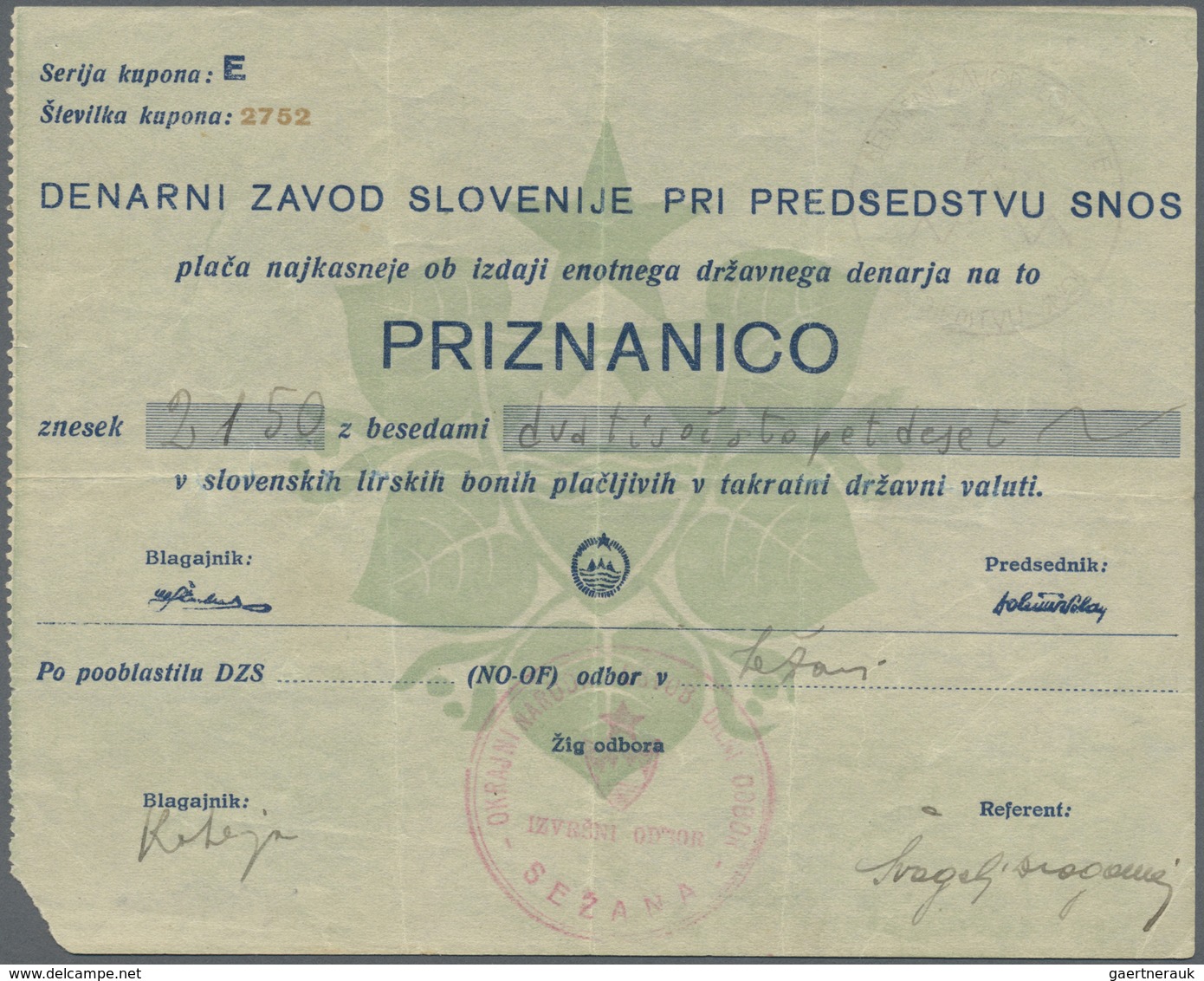 Yugoslavia / Jugoslavien: Monetary Bank Of Slovenia 2150 Lir ND(1944), P.S118, Several Vertical And - Yugoslavia