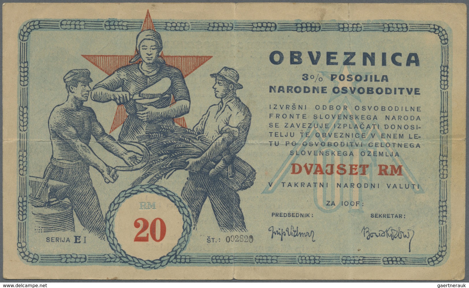 Yugoslavia / Jugoslavien: Committee Of The Slovenian Government Liberty Front 20 Reichsmark 1943, P. - Yugoslavia