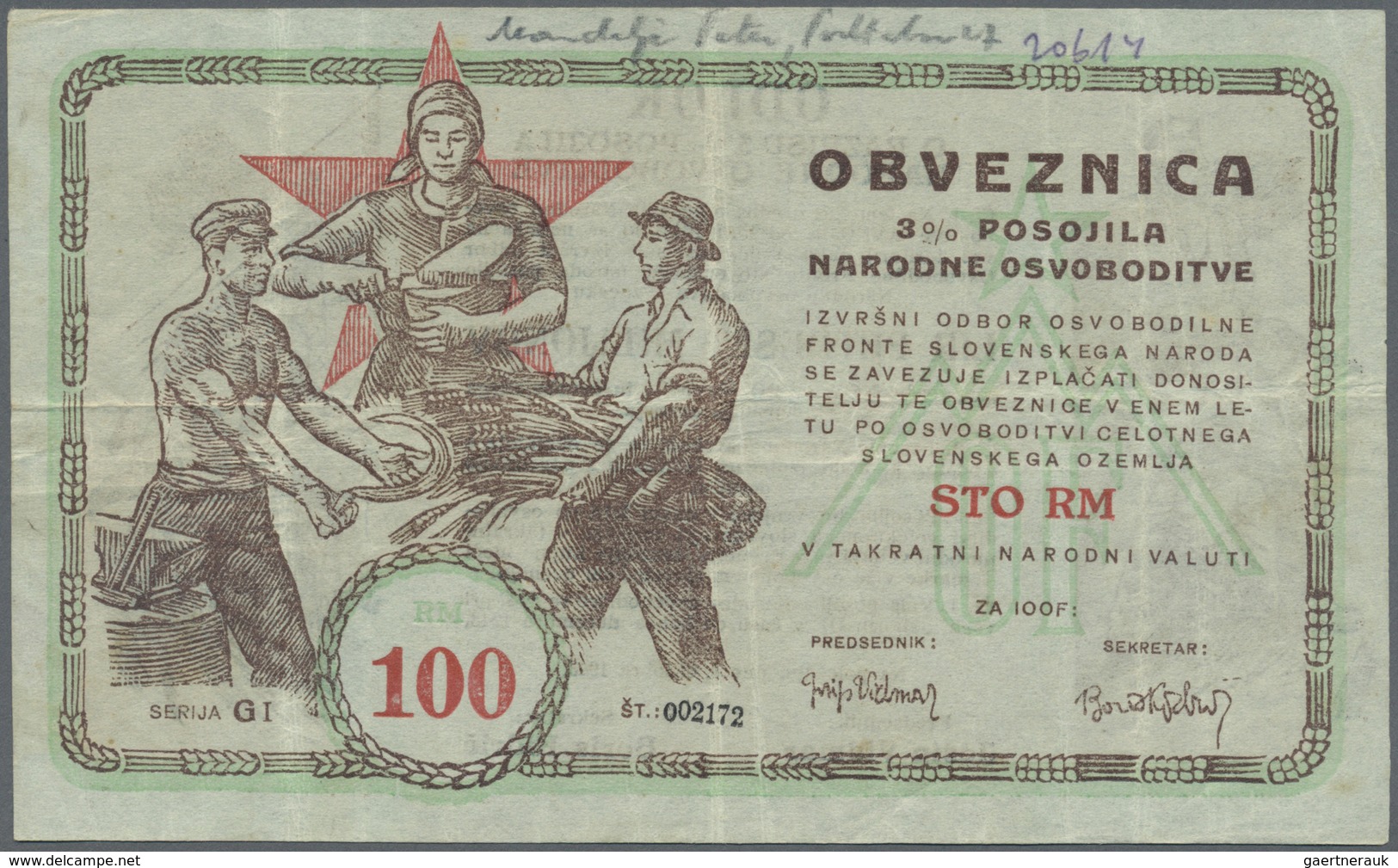 Yugoslavia / Jugoslavien: Committee Of The Slovenian Government Liberty Front 100 Reichsmark 1943, P - Yugoslavia