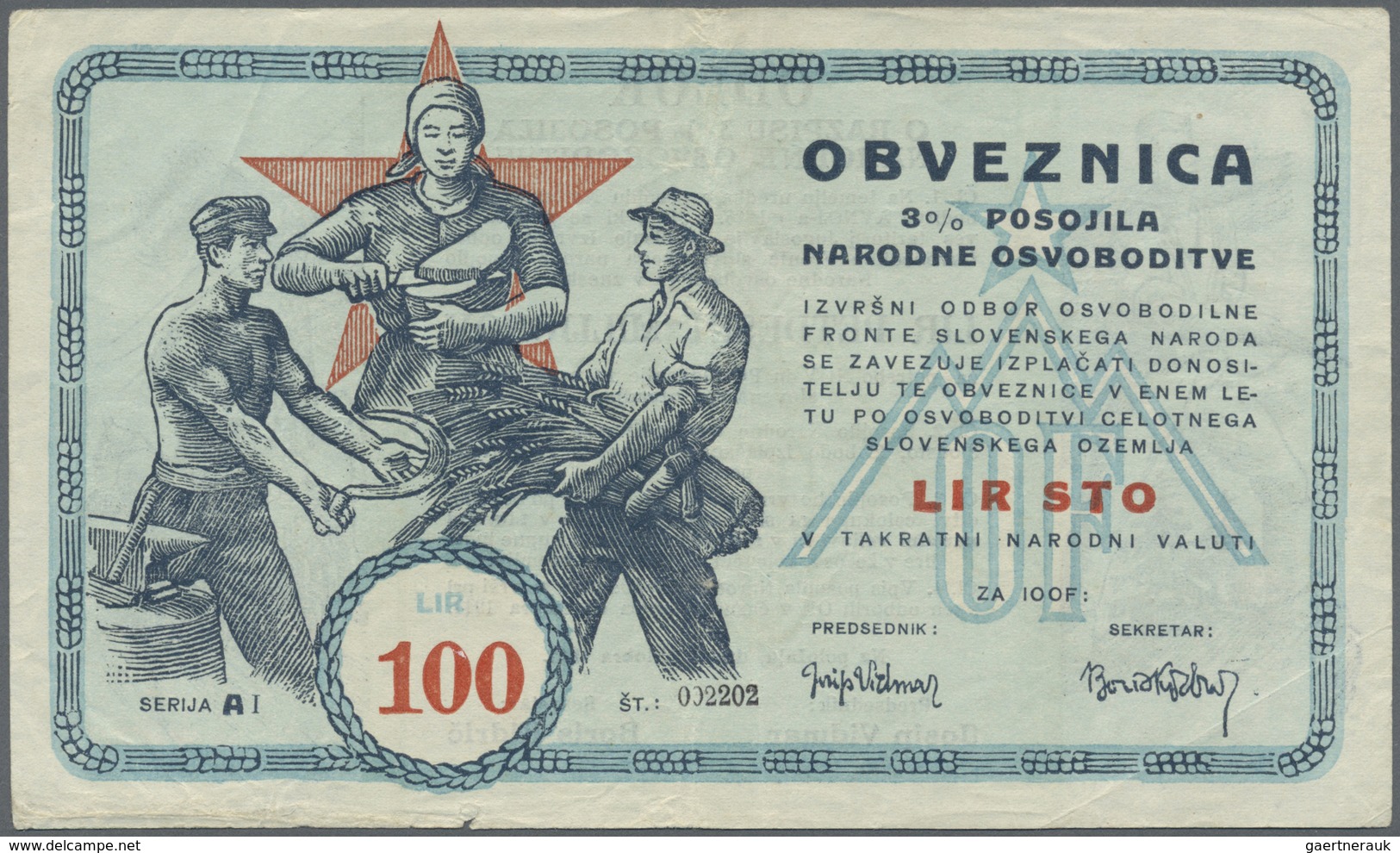 Yugoslavia / Jugoslavien: Committee Of The Slovenian Government Liberty Front 100 Lir 1943, P.S123, - Jugoslavia
