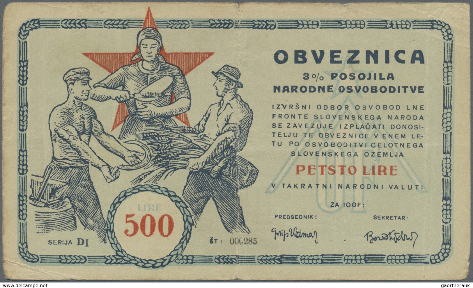 Yugoslavia / Jugoslavien: Committee Of The Slovenian Government Liberty Front 500 Lir 1943, P.S124, - Jugoslavia