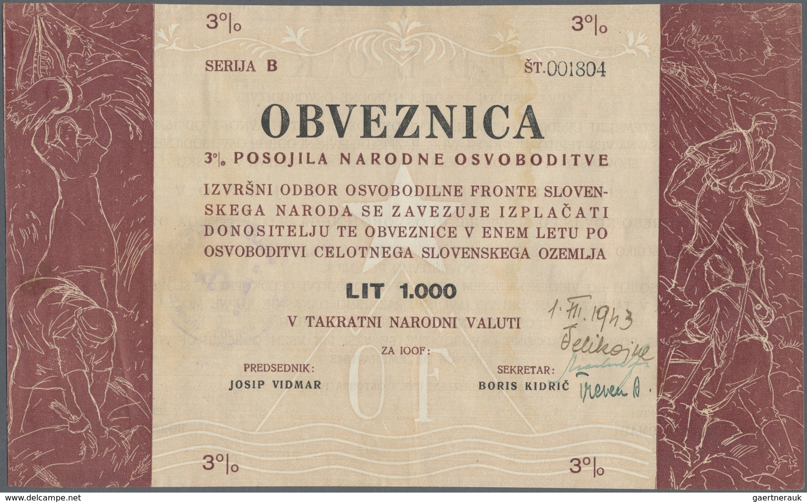 Yugoslavia / Jugoslavien: Committee Of The Slovenian Government Liberty Front 1000 Lit ND(1943), P.S - Yugoslavia