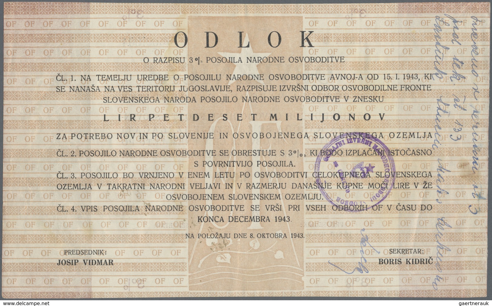 Yugoslavia / Jugoslavien: Committee Of The Slovenian Government Liberty Front 1000 Lit ND(1943), P.S - Jugoslavia