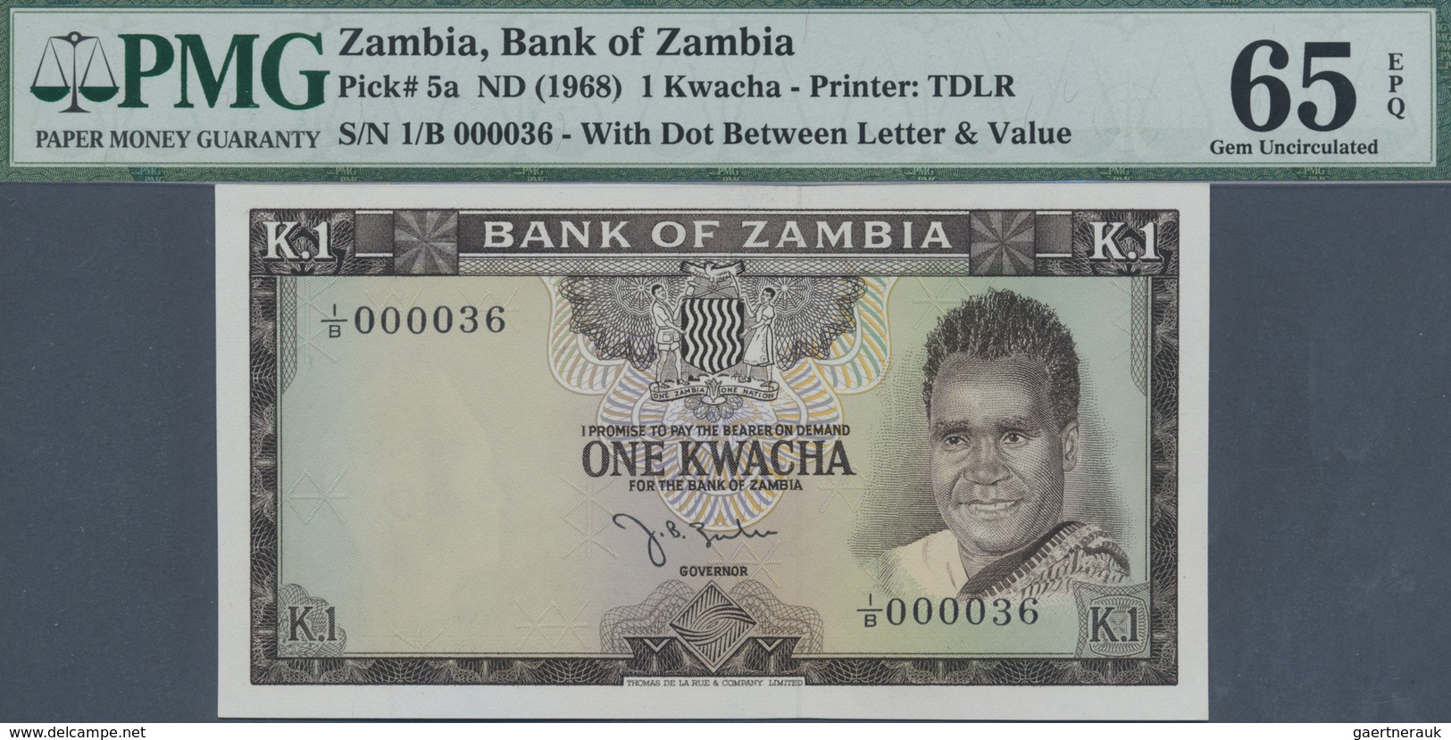 Zambia / Sambia: 1 Kwacha ND(1968) P. 5a With Low Serial Number #000036, Condition: PMG Graded 65 Ge - Zambie