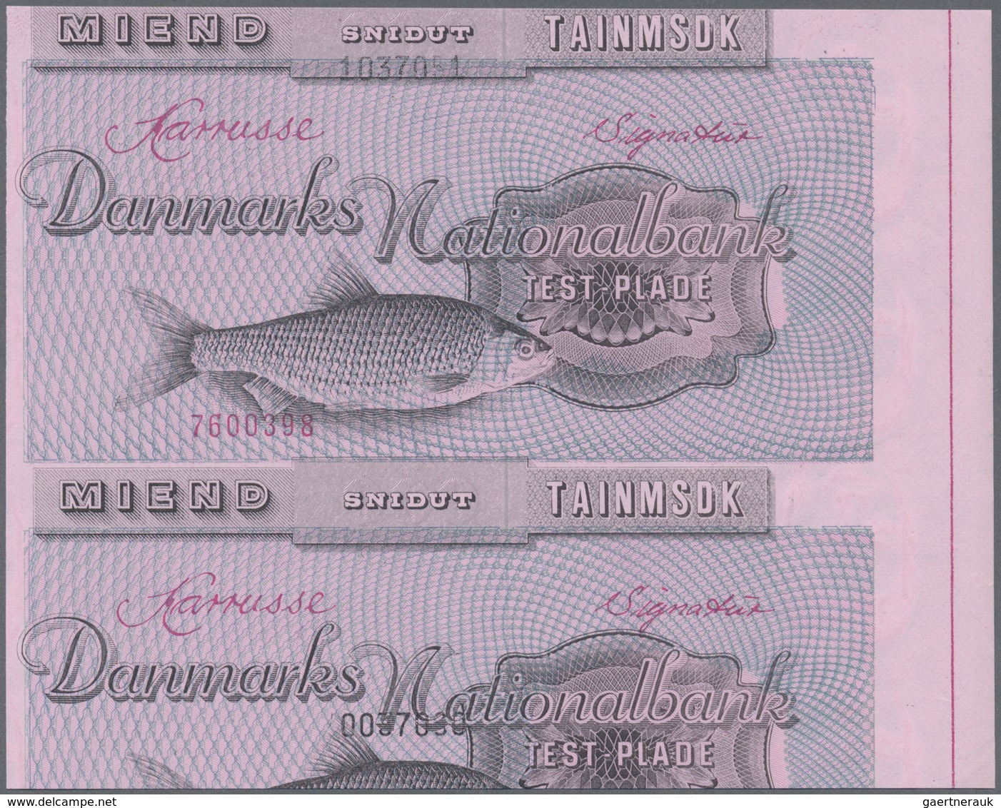 Testbanknoten: Denmark: Test Note Print For The National Bank Of Denmark On A GOEBEL Printing Machin - Specimen