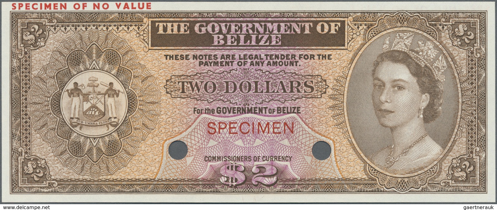 Belize: 2 Dollars 1974-76 SPECIMEN, P.34s In Perfect UNC Condition - Belize