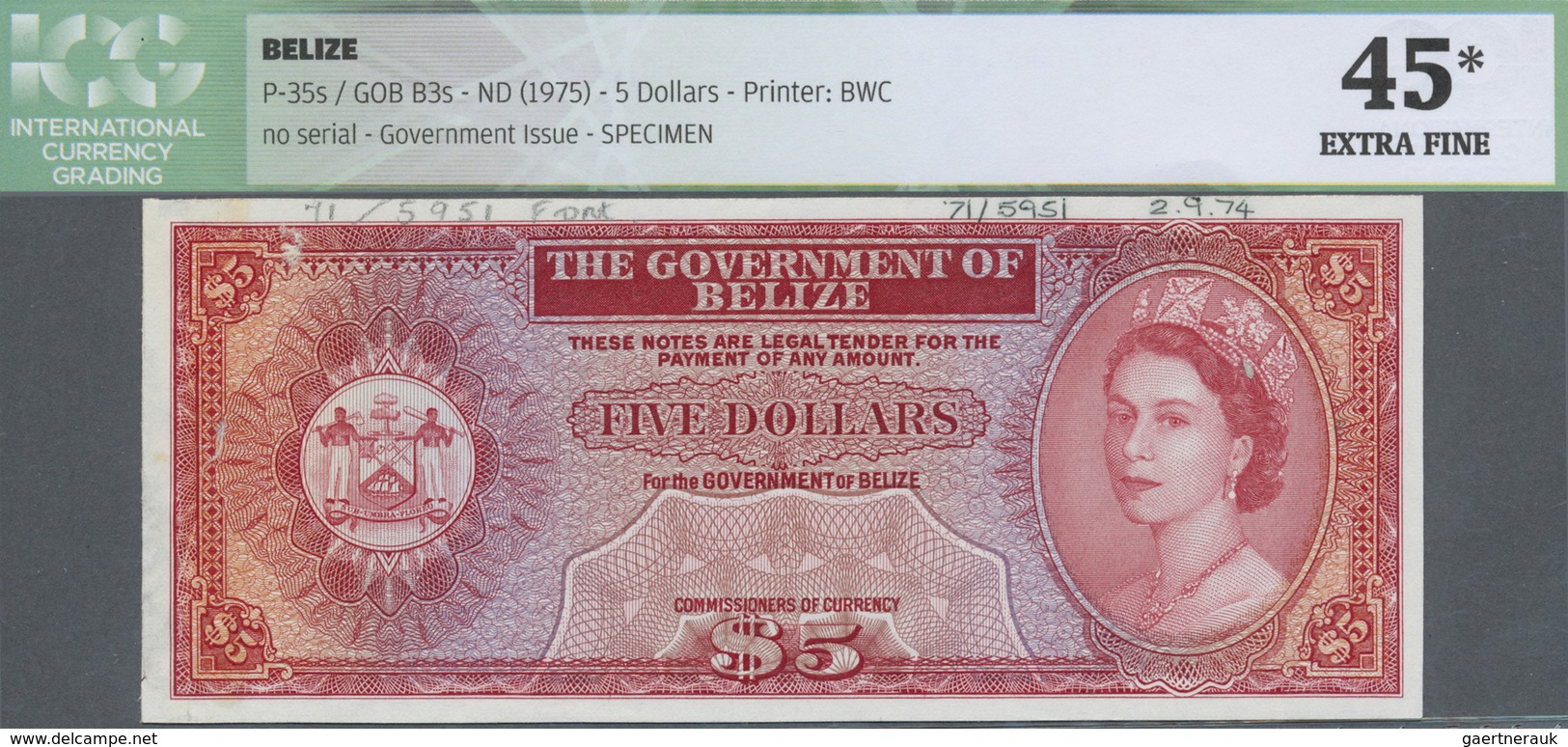 Belize: 5 Dollars ND(1975) Specimen Proof P. 35sp, ICG Graded 45* XF. - Belize