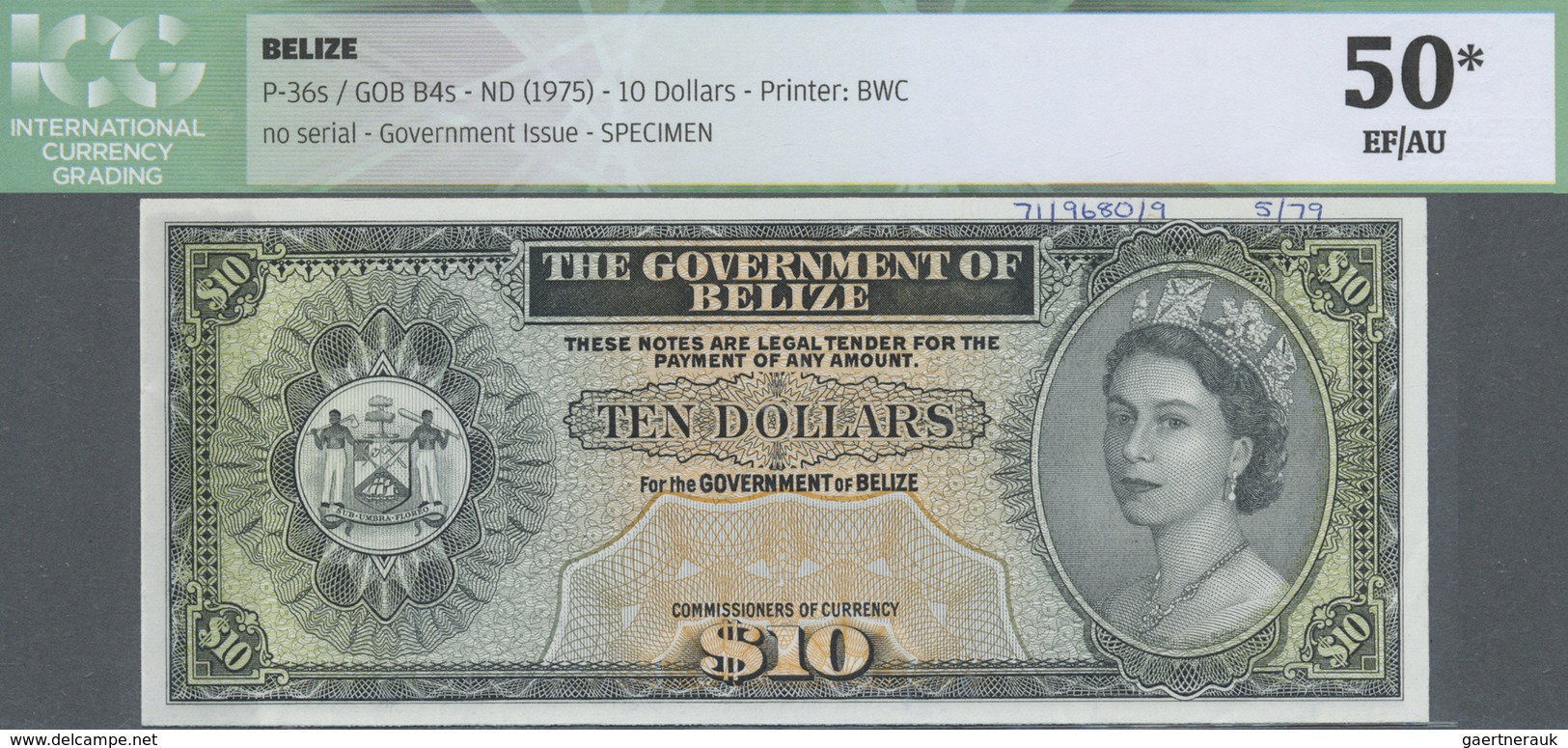 Belize: 10 Dollars ND(1975) Specimen Proof P. 36sp, ICG Graded 50* EF/AU. - Belize