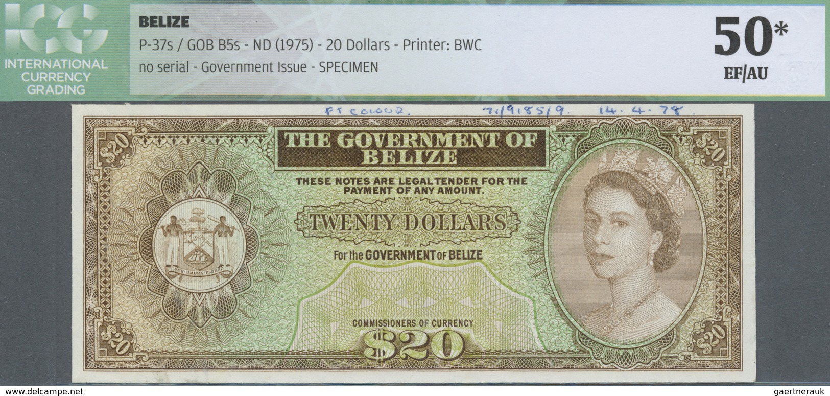 Belize: 20 Dollars ND(1975) Specimen Proof P. 37sp, ICG Graded 50* EF/AU. - Belize