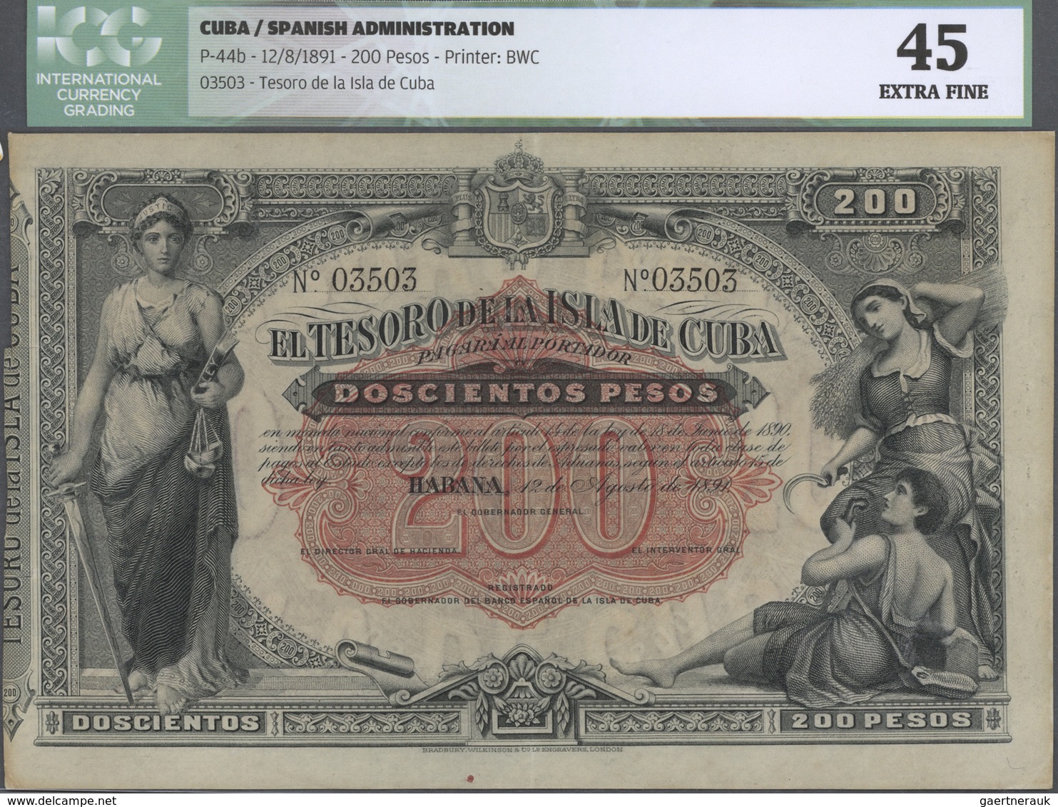 Cuba: 200 Pesos 1891 P. 44b, ICG Graded 45 XF. - Cuba