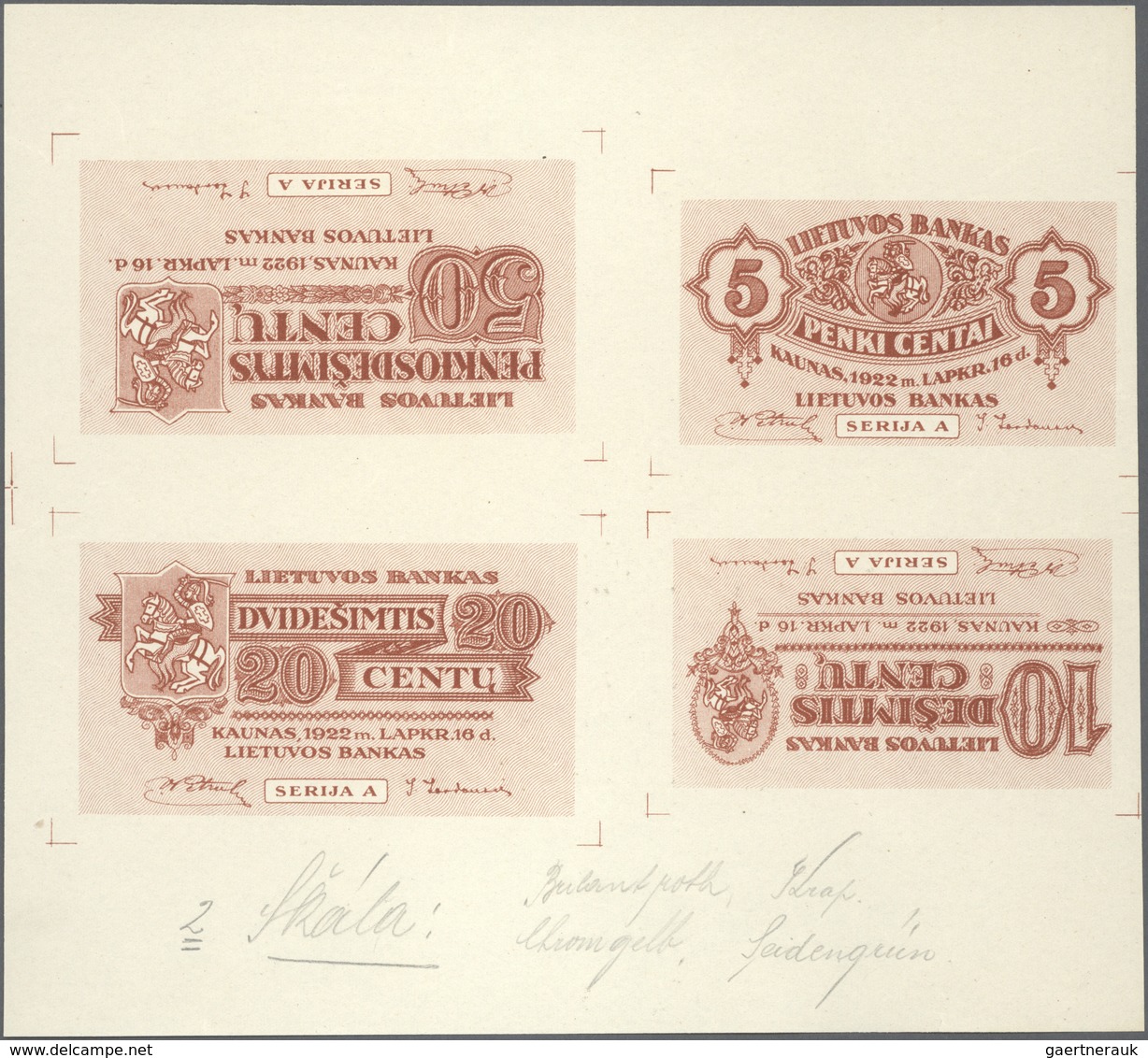 Lithuania / Litauen: Highly Rare Set With An Uncut Sheet Of 4 Pcs Of The Backside Of The 1 Centas 19 - Lithuania