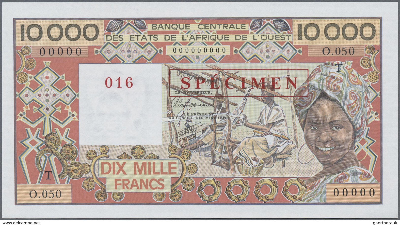 Togo: West African States Letter "T" For Togo 10.000 Francs ND Specimen P. 809Ks With Zero Serial Nu - Togo