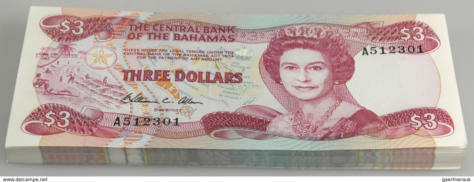 Bahamas: Bundle With 100 Pcs. 3 Dollars ND(1986) With Running Serial Numbers, P. 44 In UNC Condition - Bahamas