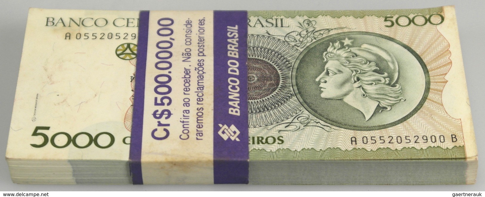 Brazil / Brasilien: Bundle With 100 Pcs. 5000 Cruzeiros ND(1992) With Running Serial Numbers, P.227 - Brésil