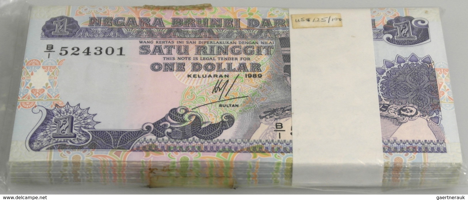 Brunei: Origial Bundle Of 100 Pcs 1 Ringgit 1989 P. 13b In UNC. (100 Pcs) - Brunei