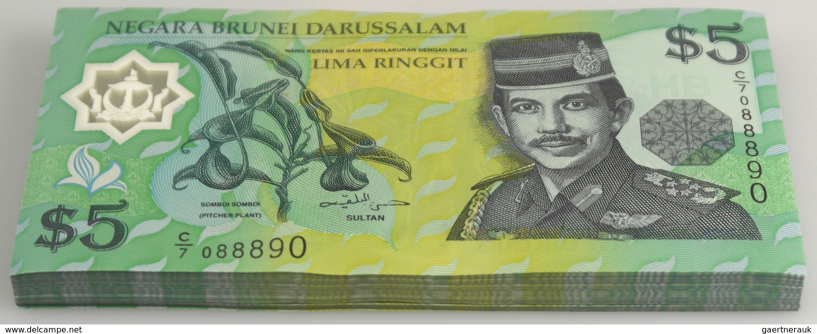 Brunei: Bundle With 100 Pcs. 5 Ringgit 2002, P.23, Rare Date With Running Serial Numbers In UNC Cond - Brunei