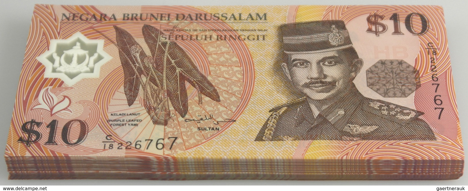 Brunei: Bundle With 100 Pcs. 10 Ringgit 2008, Extraordinary Rare Date, P.24c In UNC Condition (100 P - Brunei