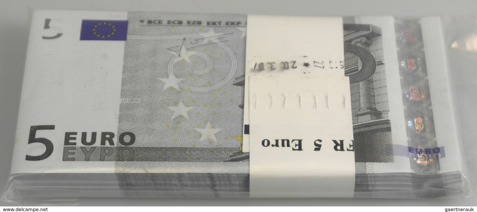 EURO: Original Bundle Of 100 Banknotes 5 Euro 2002 P. 8u, Sign. Trichet, Plate Code Letter L, Serial - Altri & Non Classificati