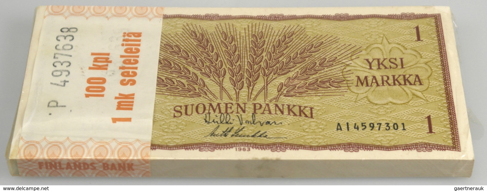Finland / Finnland: Bundle With 100 Pcs. 1 Markkaa 1963, P.98 With Original Bank Wrap In UNC Conditi - Finlande