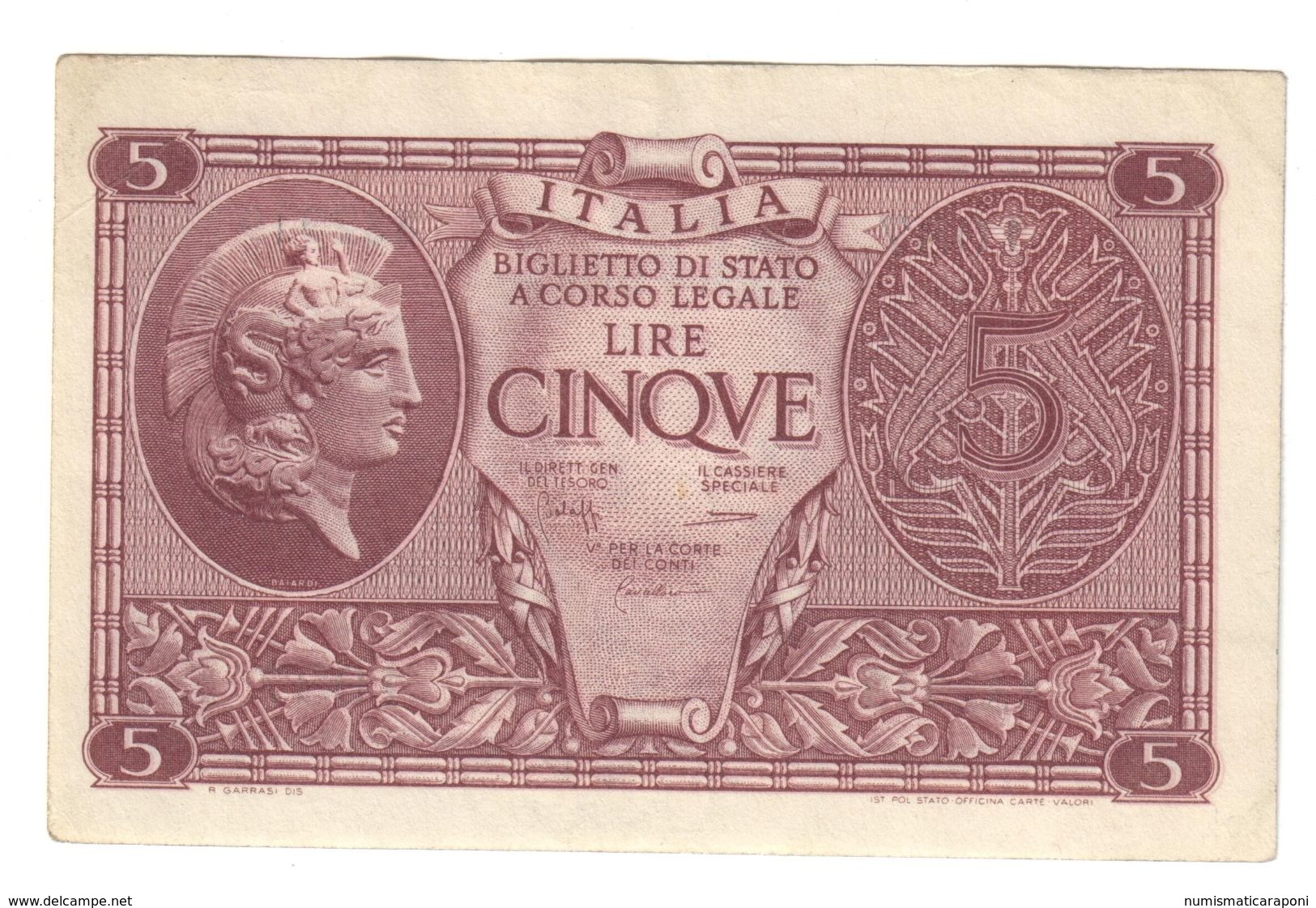 5 LIRE ATENA ELMATA LUOGOTENENZA 1944 SPL LOTTO 1403 - Italia – 5 Lire