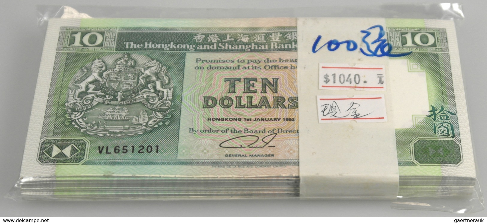 Hong Kong: Origial Bundle Of 100 Pcs 10 Dollars 1992 P. 191c In UNC. (100 Pcs) - Hong Kong