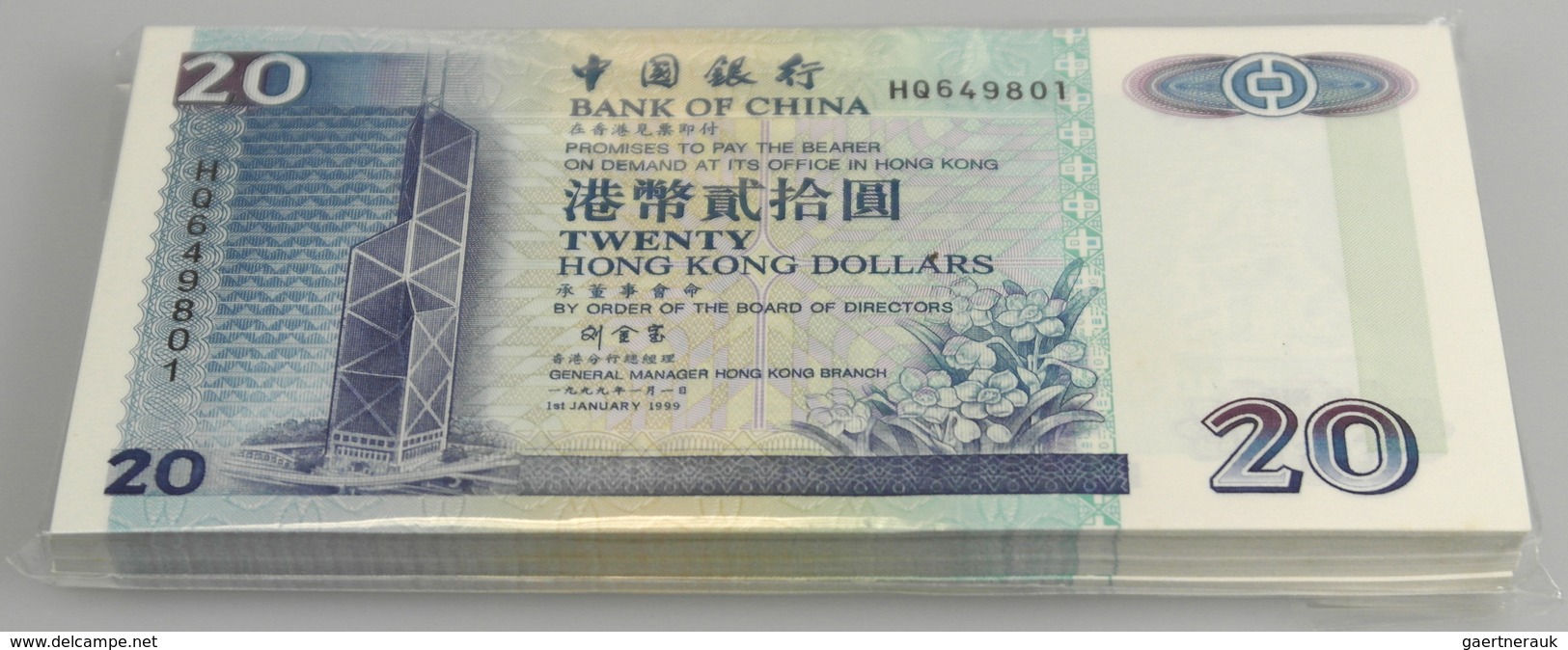 Hong Kong: Full Bundle Of 100 Pcs 20 Dollars 1999 P. 201c In UNC. (100 Pcs) - Hong Kong