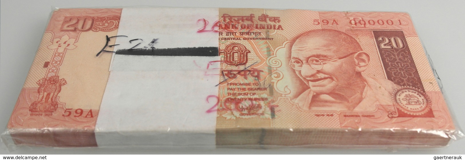 India / Indien: Original Bundle Of 100 Pcs 20 Rupees 2007 P. 96 Starting With Serial #59A000001, All - India