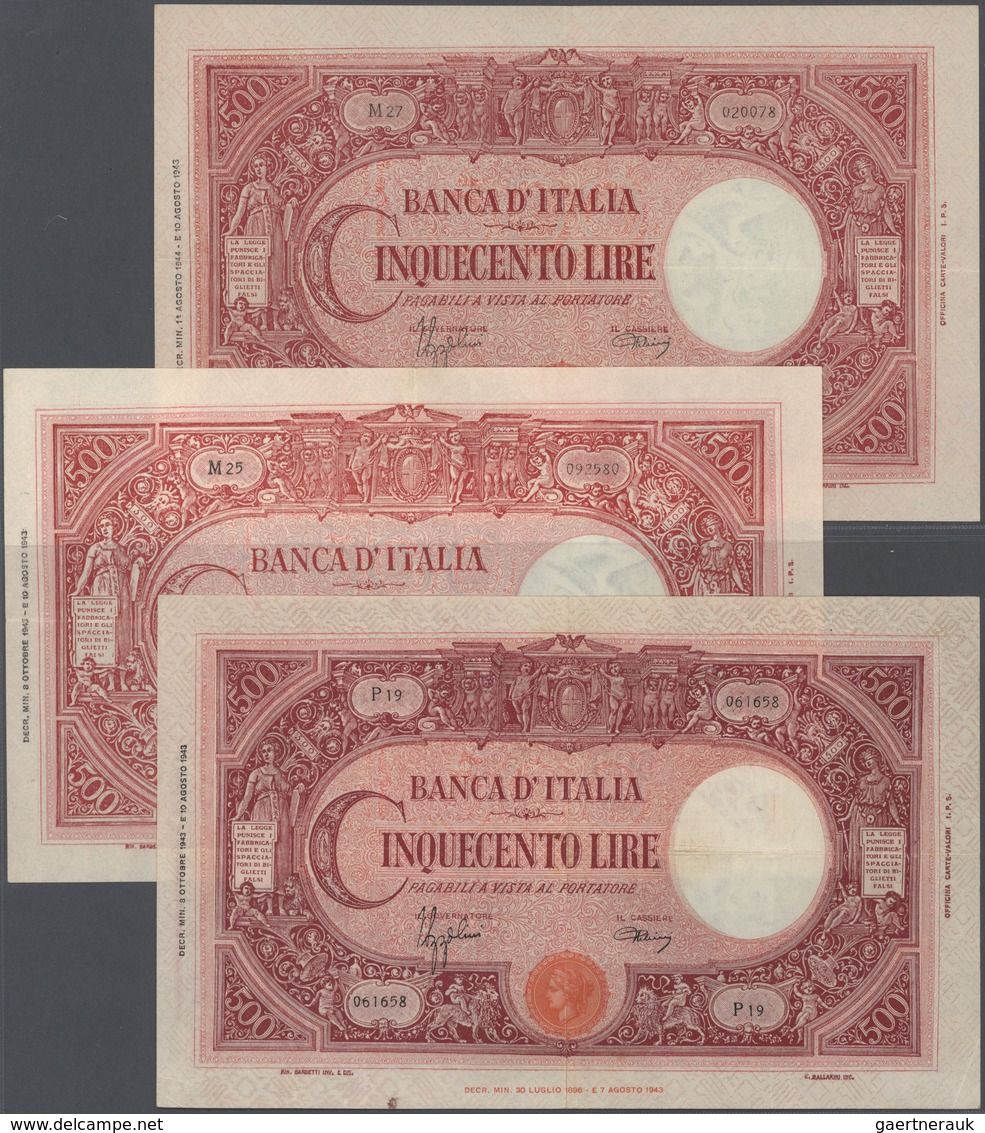 Italy / Italien: Set Of 3 Notes 500 Lire 1943 & 1944 P. 70a, Bi466 In Nice Condition Without Holes, - Autres & Non Classés