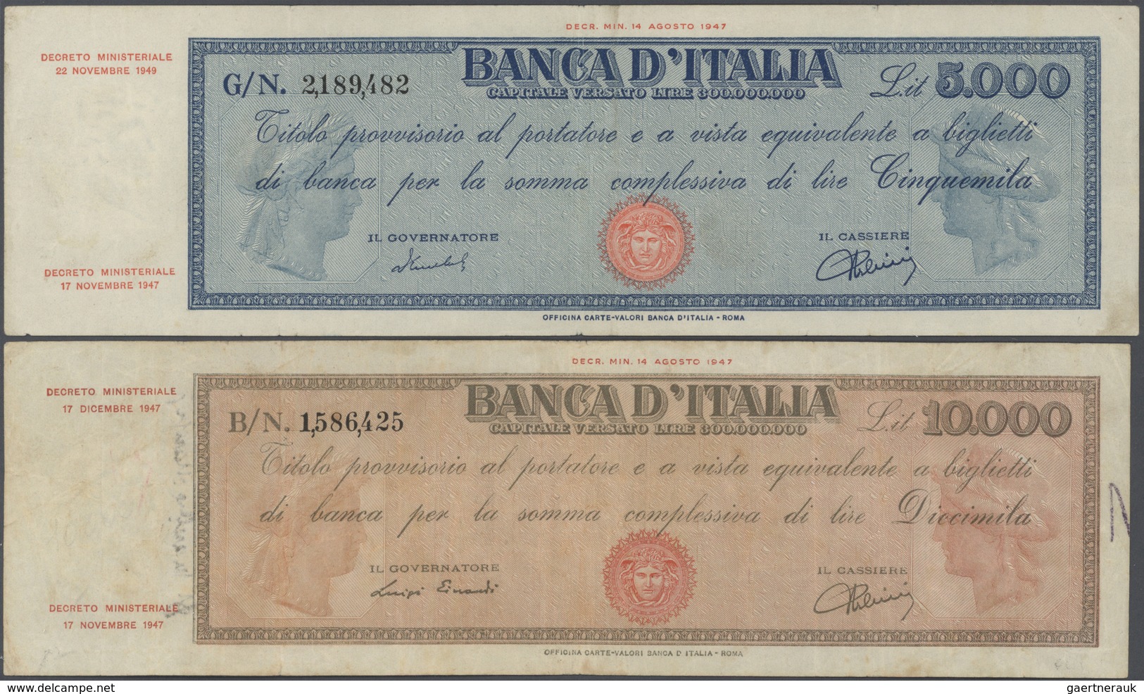 Italy / Italien: Set Of 2 Notes Containing 5000 Lire 1949 P. 86b, Bi764 (F) And 10.000 Lire 1947 P. - Altri & Non Classificati