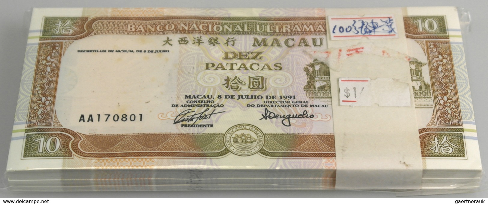 Macau / Macao: Full Bundle Of 100 Pcs 10 Patacas 2001 P. 76a In UNC. (100 Pcs) - Macau