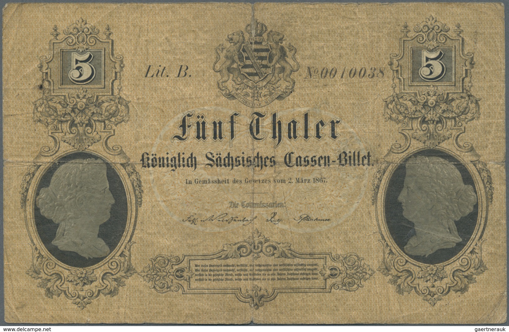 Deutschland - Altdeutsche Staaten: 5 Thaler Königlich-Sächsisches-Cassen-Billet Vom 02. März 1867, P - [ 1] …-1871 : German States