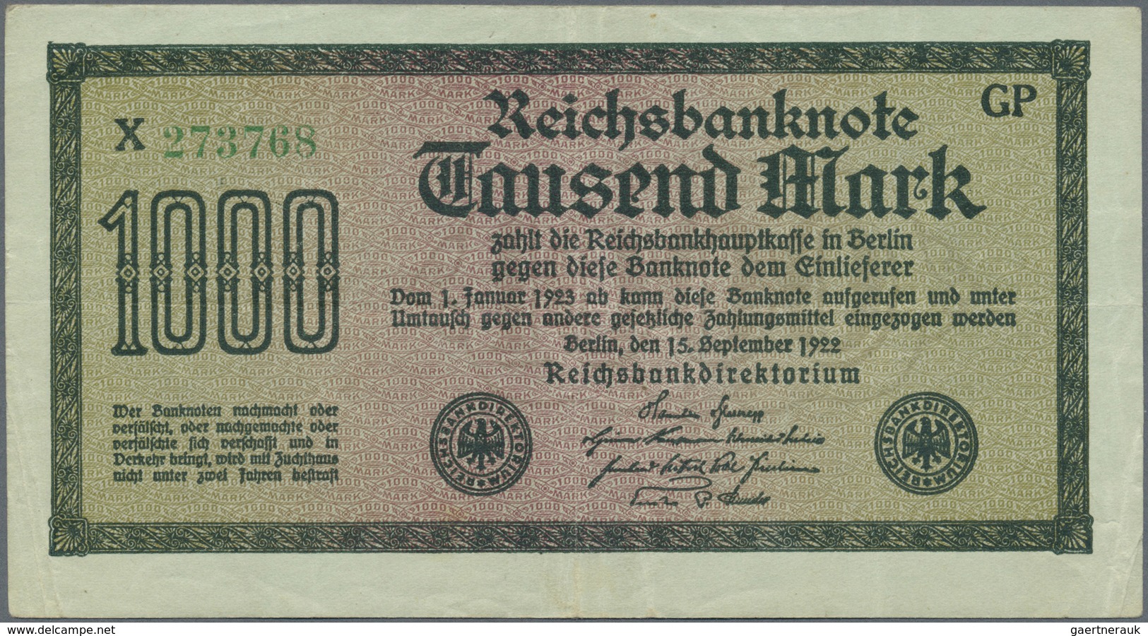 Deutschland - Deutsches Reich Bis 1945: 1000 Mark 1922, Umfangreiches Lot Mit 87 Stück Der Ro.75, Ge - Altri & Non Classificati