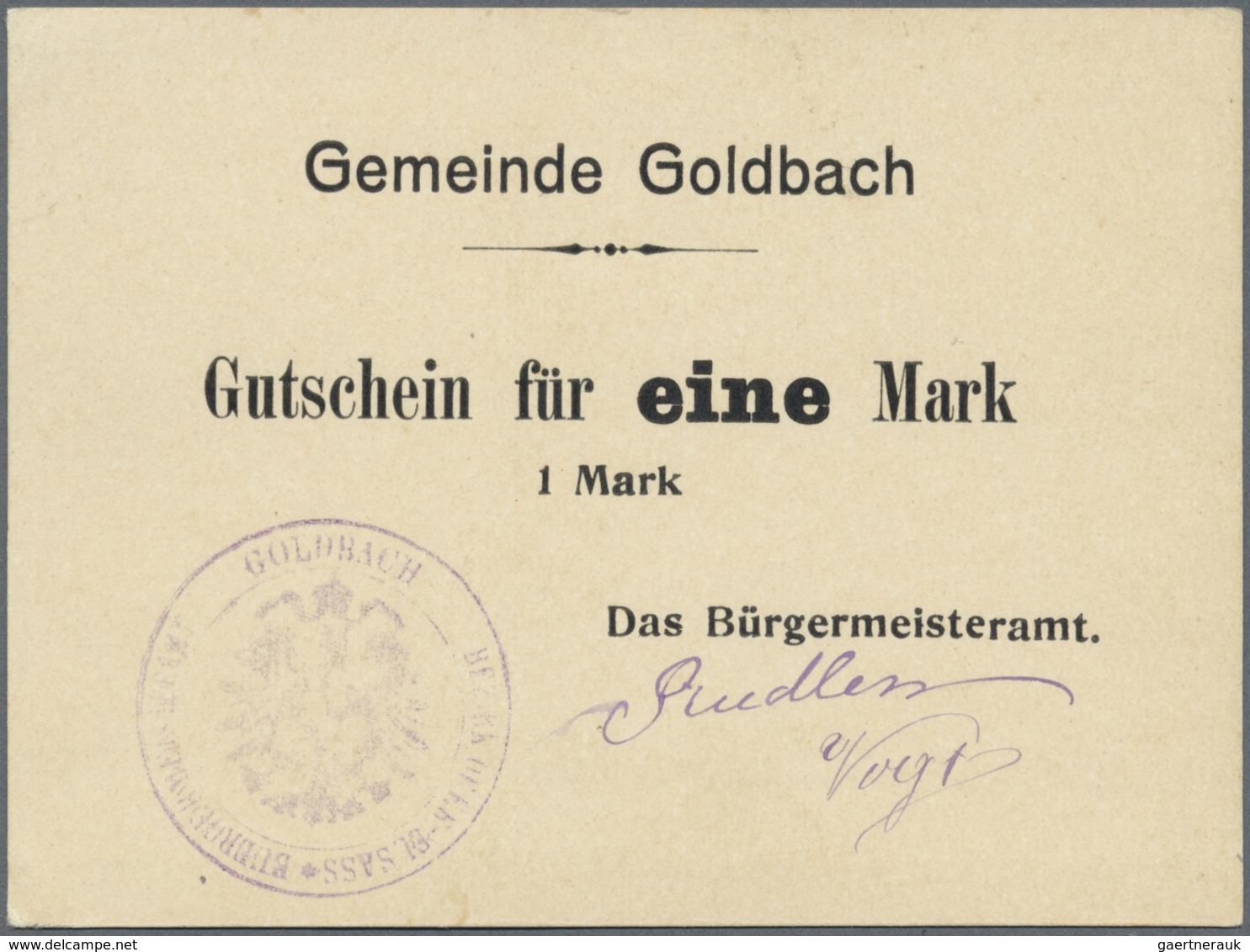 Deutschland - Notgeld - Elsass-Lothringen: Goldbach, Oberelsass, Bürgermeisteramt, 1 Mark, O. D., Er - Other & Unclassified