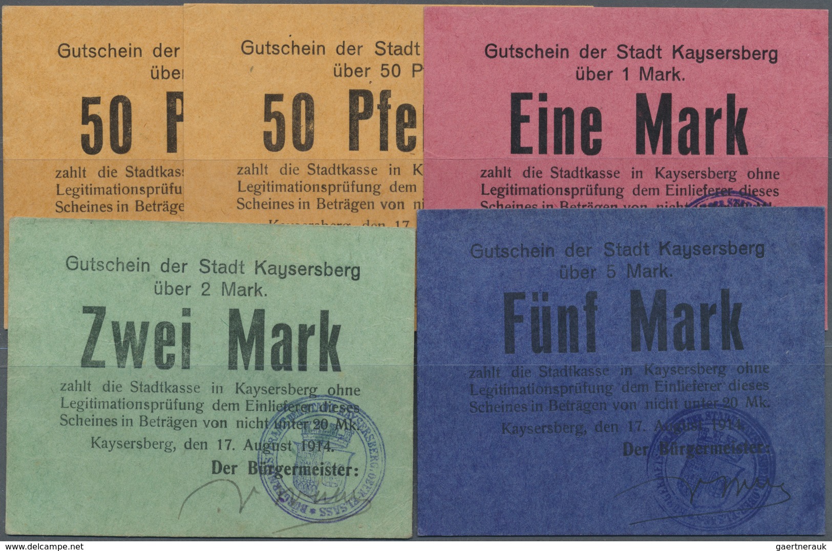 Deutschland - Notgeld - Elsass-Lothringen: Kaysersberg, Oberelsass, Stadt, 2 X 50 Pf., 1, 2, 5 Mark, - Other & Unclassified