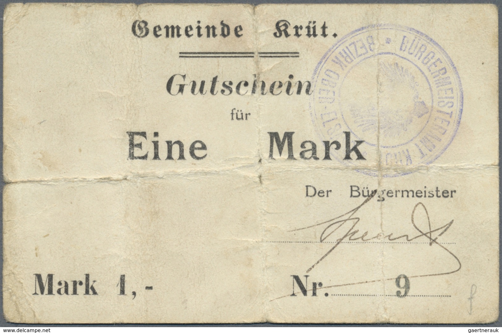 Deutschland - Notgeld - Elsass-Lothringen: Krüt, Oberelsass, Gemeinde, 1 Mark, O. D., Gedruckter Gut - Other & Unclassified